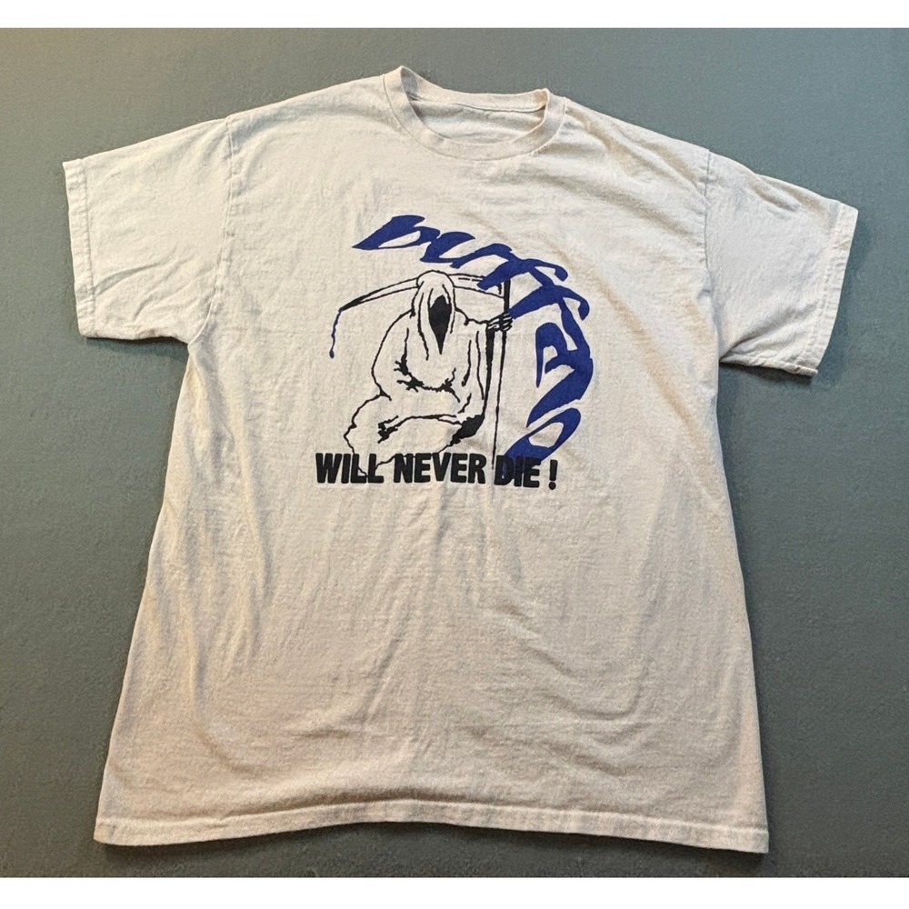 Buffalo Will Never Die Grim Reaper Graphic T-Shirt Mens L White Blue Streetwear